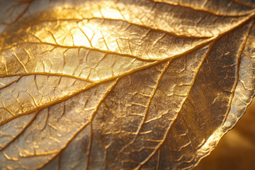 Close-up of leaf with gold foil, capturing intricate textures and shimmering details.