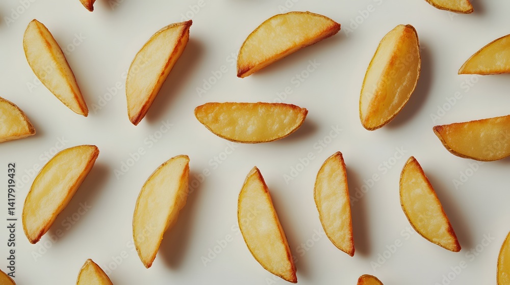 Poster overhead shot of golden brown potato wedges arranged on a white background. the wedges are scattered
