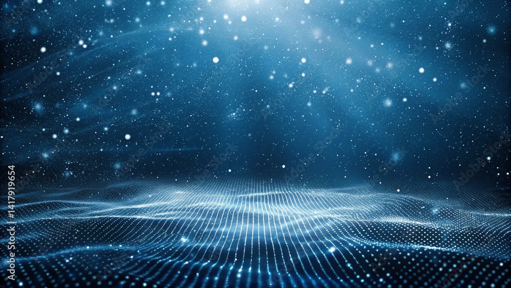 Poster abstract dark blue digital background with sparkling blue light particles and areas with deep depths