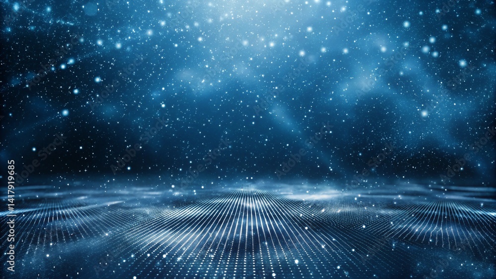 Poster abstract dark blue digital background with sparkling blue light particles and areas with deep depths
