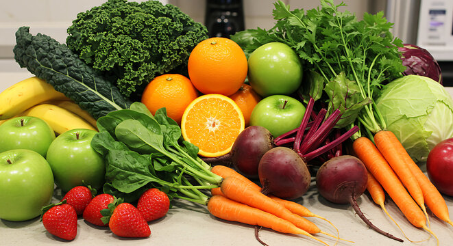 Freshly harvested produce: A vibrant array of fruits and vegetables. A colorful blend of nutrition and health.