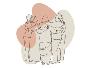 Diverse group of friends standing together in unity, A minimalist line art illustration of four people, possibly representing a diverse group of friends, standing close together.