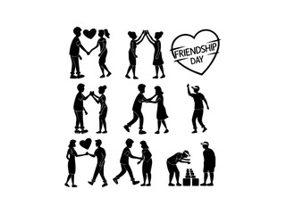 Silhouette illustrations of people interacting, celebrating International Friendship Day.  Graphic features various black silhouette illustrations of people engaging in different friendly gestures.