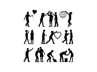 Silhouette illustrations of people interacting, celebrating International Friendship Day.  Graphic features various black silhouette illustrations of people engaging in different friendly gestures.