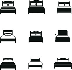 Vector Set of Nine Unique Bed Silhouettes Displaying Various Designs of Headboards and Footboards in a Grid Layout