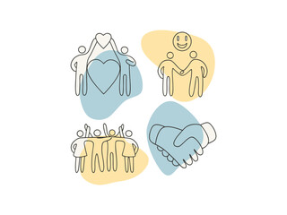 Diverse group of friends standing together in unity, A minimalist line art illustration of four people, possibly representing a diverse group of friends, standing close together.