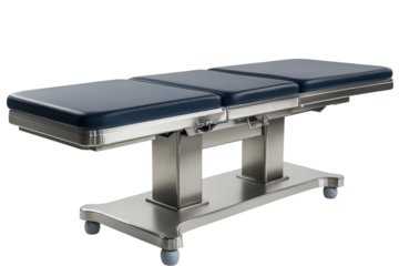 Medical examination table with adjustable sections and padded surface, ideal for healthcare