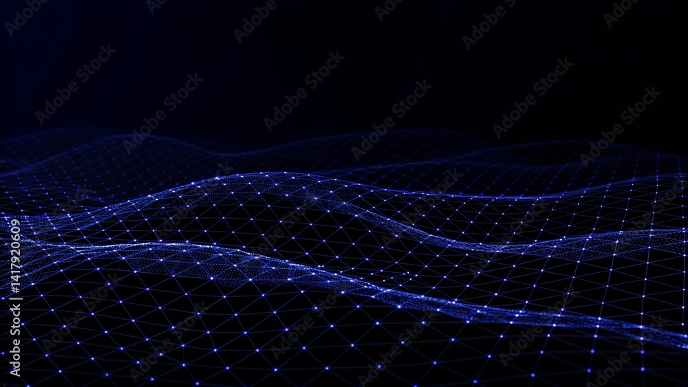 Poster Abstract digital background with cybernetic particles. Plexus geometric effect Big data with compounds. Musical wave of particles. Low poly mesh. Flow. Wave. 3D rendering. Technology network