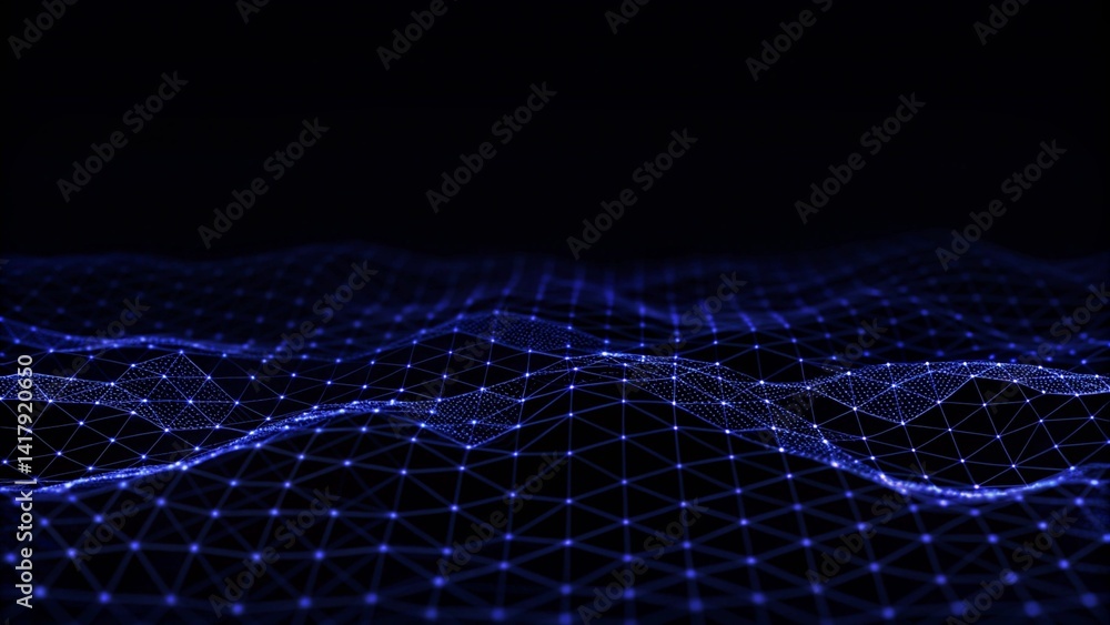 Poster Abstract digital background with cybernetic particles. Plexus geometric effect Big data with compounds. Musical wave of particles. Low poly mesh. Flow. Wave. 3D rendering. Technology network