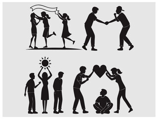 Silhouette illustrations of people interacting, celebrating International Friendship Day.  Graphic features various black silhouette illustrations of people engaging in different friendly gestures.