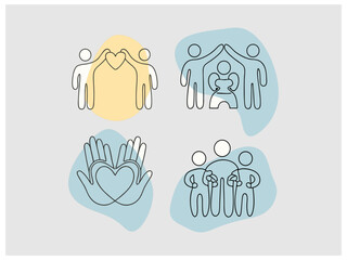 Diverse group of friends standing together in unity, A minimalist line art illustration of four people, possibly representing a diverse group of friends, standing close together.
