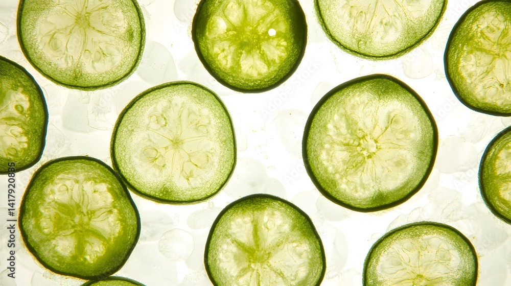 Poster close-up shot of translucent green lime slices arranged on a white background. the image showcases t