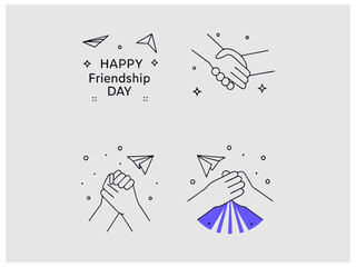 Happy Friendship Day graphic design with illustrations of handshakes and paper airplanes. This graphic features a set of three illustrations, perfect for Friendship Day.
