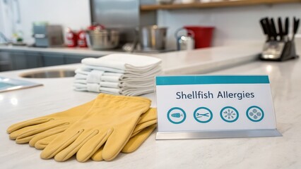 Precautionary Sign for Shellfish Allergies in Modern Kitchen Setting with Cleaning Gloves and Towels