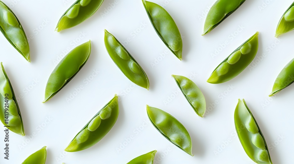 Poster a flat lay image of fresh green peas arranged in a repeating pattern on a white background.