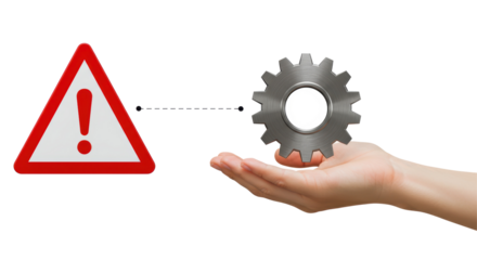 Isolated Warning Sign Linked to Hand with Gear