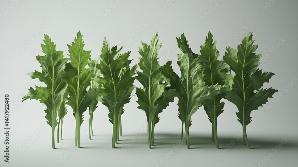 Poster a minimalist image showcasing a row of vibrant green leaves, resembling a small forest. their unique