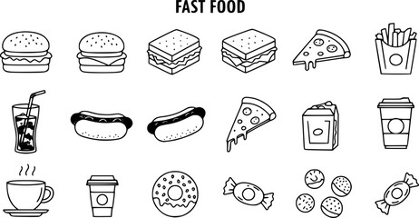 Fast food line icon set. Burger sandwich pizza hot dog cola coffee sweets