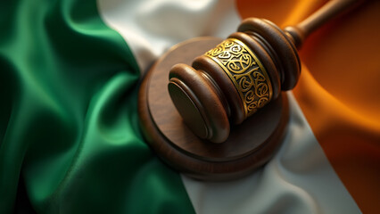 Bog oak gavel with Celtic gold over Irish flag. Emerald legal symbolism with misty lighting.