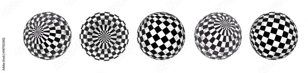 Poster 3d checkered texture sphere globe graphics shape set. circle round ball mesh, white grid check, blac