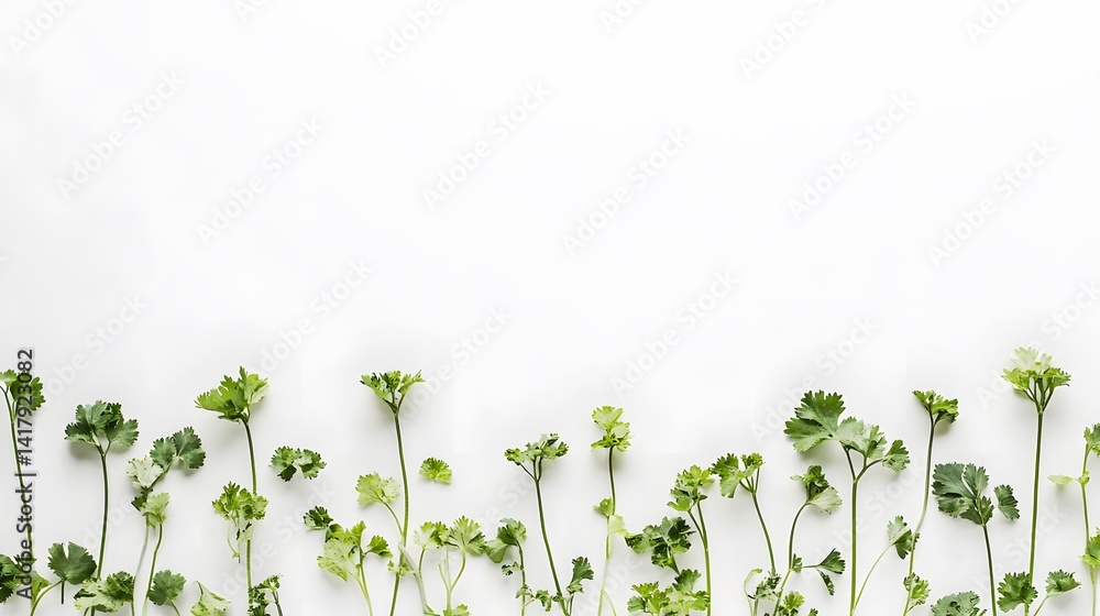 Poster fresh cilantro sprigs arranged in a row on a white background. minimalist design with copy space. pe