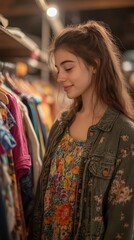 Obraz premium Eco-Fashionista Discovering Bohemian Dress at Thrift Store - Sustainable Shopping Experience with Relaxed Vibes