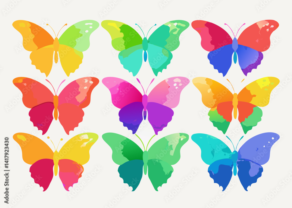 Poster nine colorful butterflies arranged in a three by three grid pattern with a white background color pa