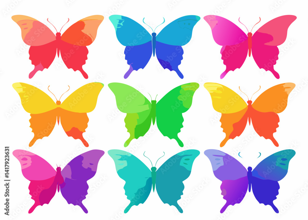 Poster nine colorful butterflies arranged in a three by three grid on a white background image display