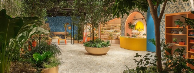 Indoor botanical market with archway and warm tones