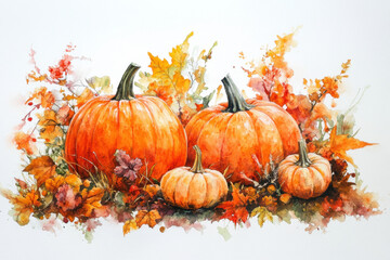 Watercolor painting of pumpkins and leaves on a rustic wooden table, capturing vibrant autumn hues with delicate brushwork and intricate details.
