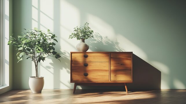 Vintage wooden cabinet with empty vase, soft light and long shadows, minimalist interior with copy space, conveying calm simplicity