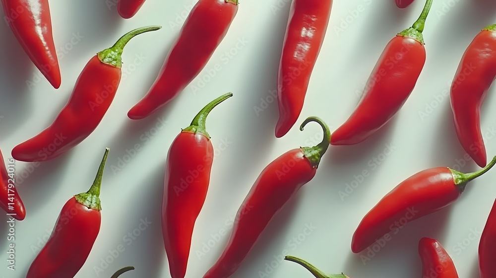 Poster a vibrant flat lay showcasing numerous red chili peppers arranged on a white background. the peppers