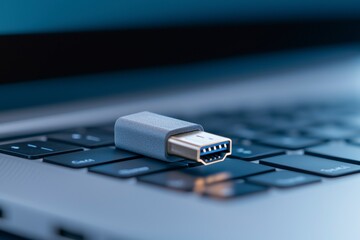 USB Insertion Into Laptop Keyboard Close-Up Image for Technology Use