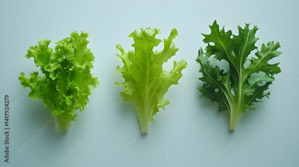 Poster three types of fresh lettuce leaves are arranged on a light blue background. the image showcases the
