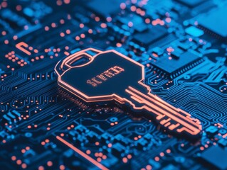 Futuristic Cyber Key on Circuit Board with Neon Glow Effects