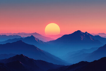 Sunset over mountains casting a warm golden glow. Silhouettes of trees in foreground against colorful sky. Serene and picturesque landscape.
