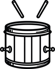 Vector Illustration of a Classic Drum with Two Drumsticks Positioned for Play in a Minimalist Black and White Design
