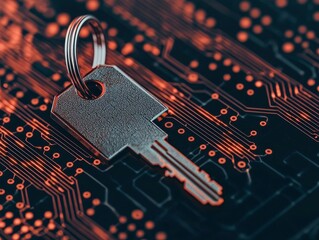 Digital Lock Symbol on Circuit Board Background with Orange Elements