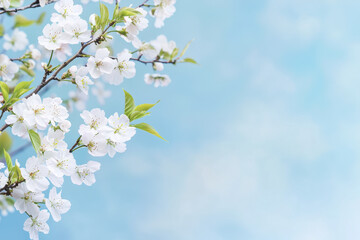 Fresh white cherry blossoms against soft blue sky create serene atmosphere