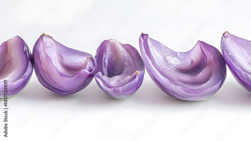 Poster close-up of five halved red onions arranged in a row on a white background. the vibrant purple hue a