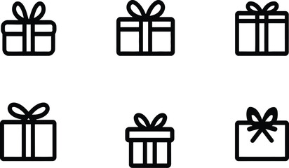 Set of Six Unique Vector Gift Box Icons Featuring Ribbon Designs for Holiday, Celebration, and Special Occasion Themes