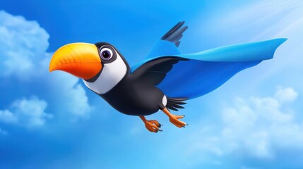 Naklejka premium Playful Cartoon Bird Soaring Through Bright Blue Sky with Fluffy Clouds