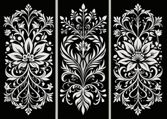 Fototapeta premium Three panel design featuring symmetrical floral and foliate motifs in white on a black background