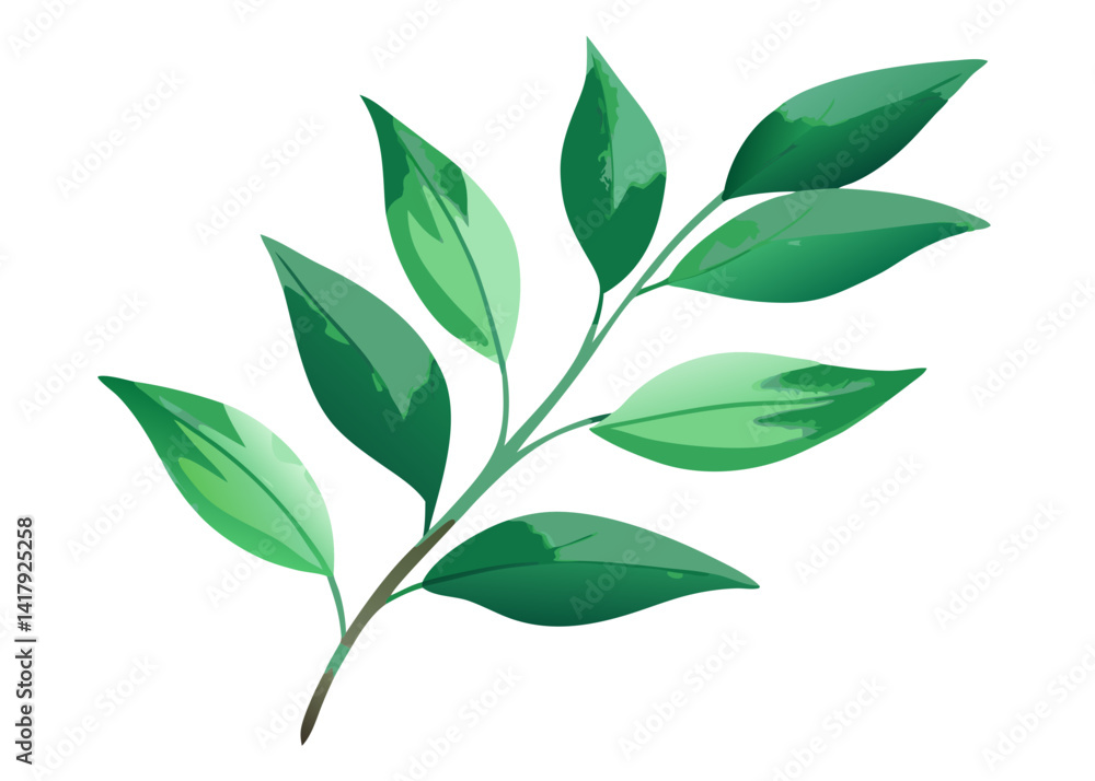 Poster illustration of a branch with green leaves and subtle variations in color on a white background