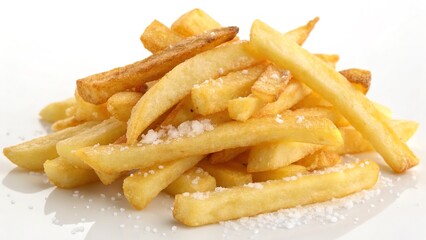 A close-up view of a pile of crispy, golden-brown french fries lightly salted.