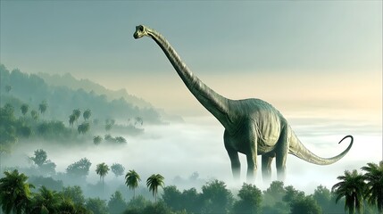 Obraz premium A colossal brachiosaurus emerges from the swirling fog its long neck and massive frame dominating the lush verdant jungle landscape below