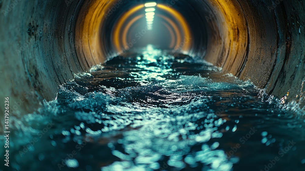 Aufkleber water flowing through a dark tunnel with illuminated walls creating a mystical atmosphere