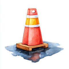 Watercolor creation of a Traffic Cone Surrounded by Water Puddle