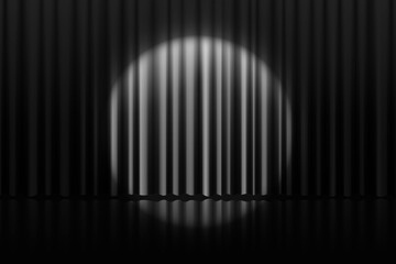 Vintage black stage curtain with soft silk drapes and spotlight beam. Elegant vector background with floor reflection and retro dramatic lighting. Perfect for award ceremony, theatre or movie premiere