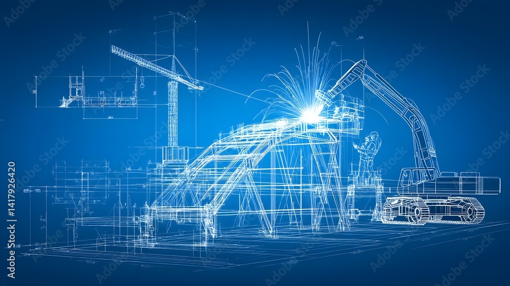 Aufkleber A digital depicting the intricate blueprint style design of a steel frame structure with dynamic welding sparks and flashes of light showcasing the industrial engineering and fabrication process